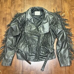 Vtg The Leather Warehouse Women's Black Biker Fringe Jacket Size 12 M L Western‎